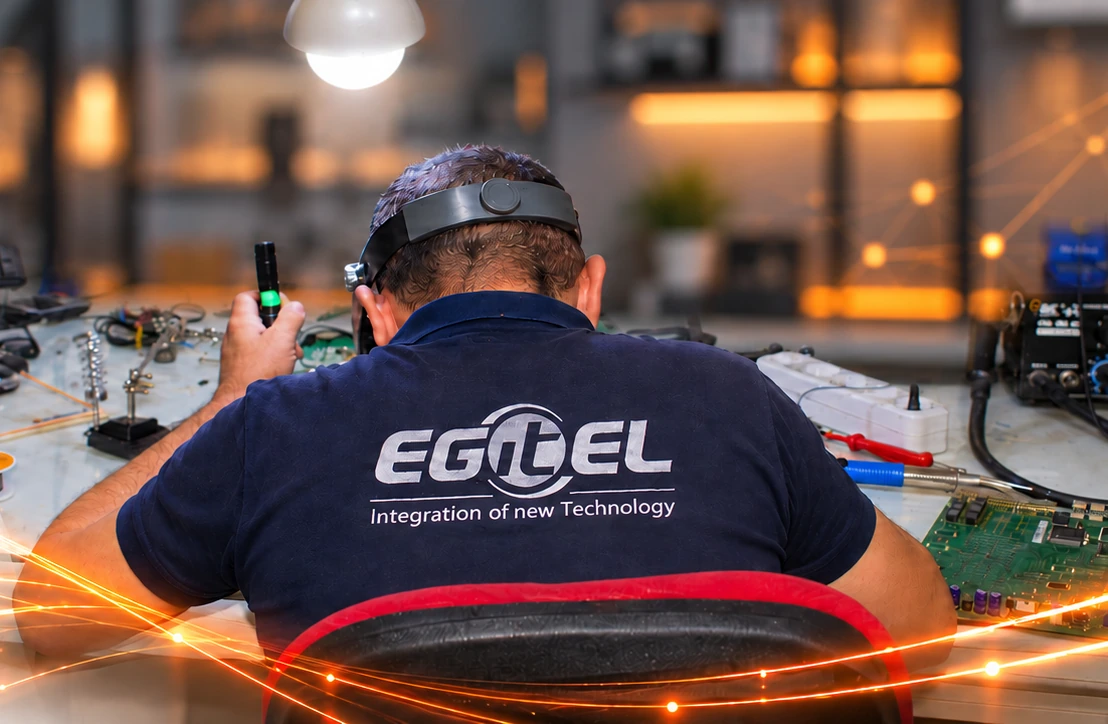 Technicien EGITEL dans l’atelier de réparation électronique — visuel du bandeau Réparation et maintenance