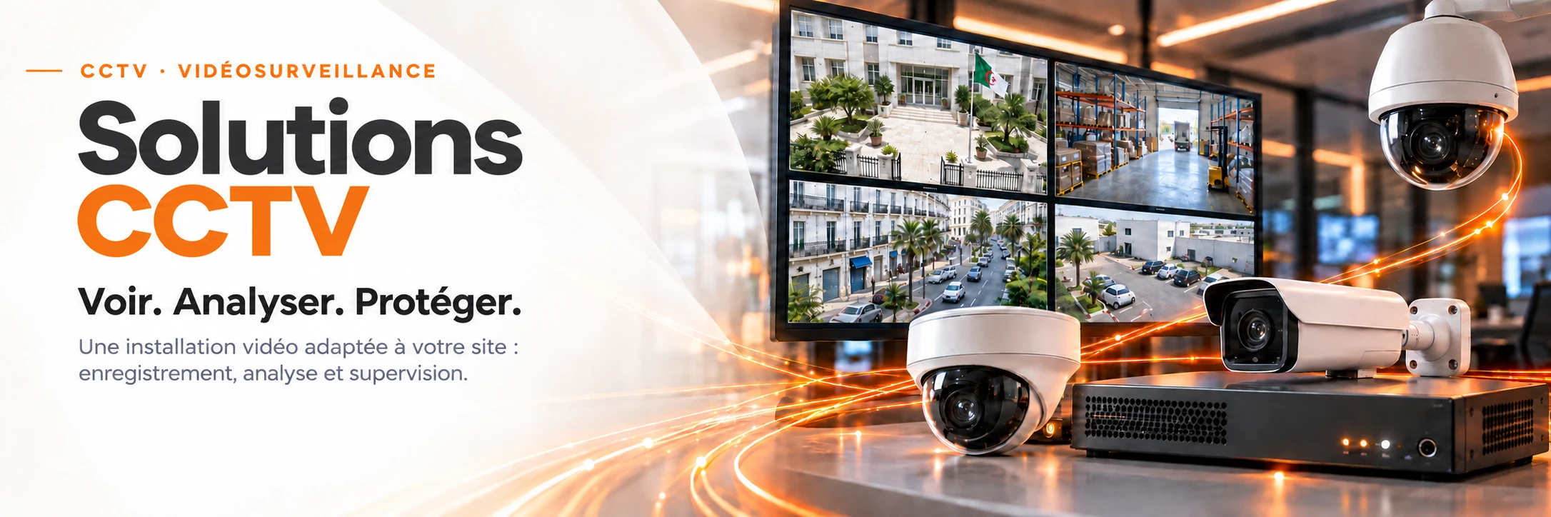 Illustration de caméras de vidéosurveillance IP et PTZ en environnement algérien