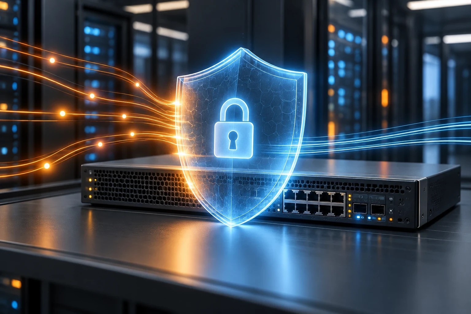 Illustration de la protection d’un réseau informatique par un bouclier numérique et un pare-feu.