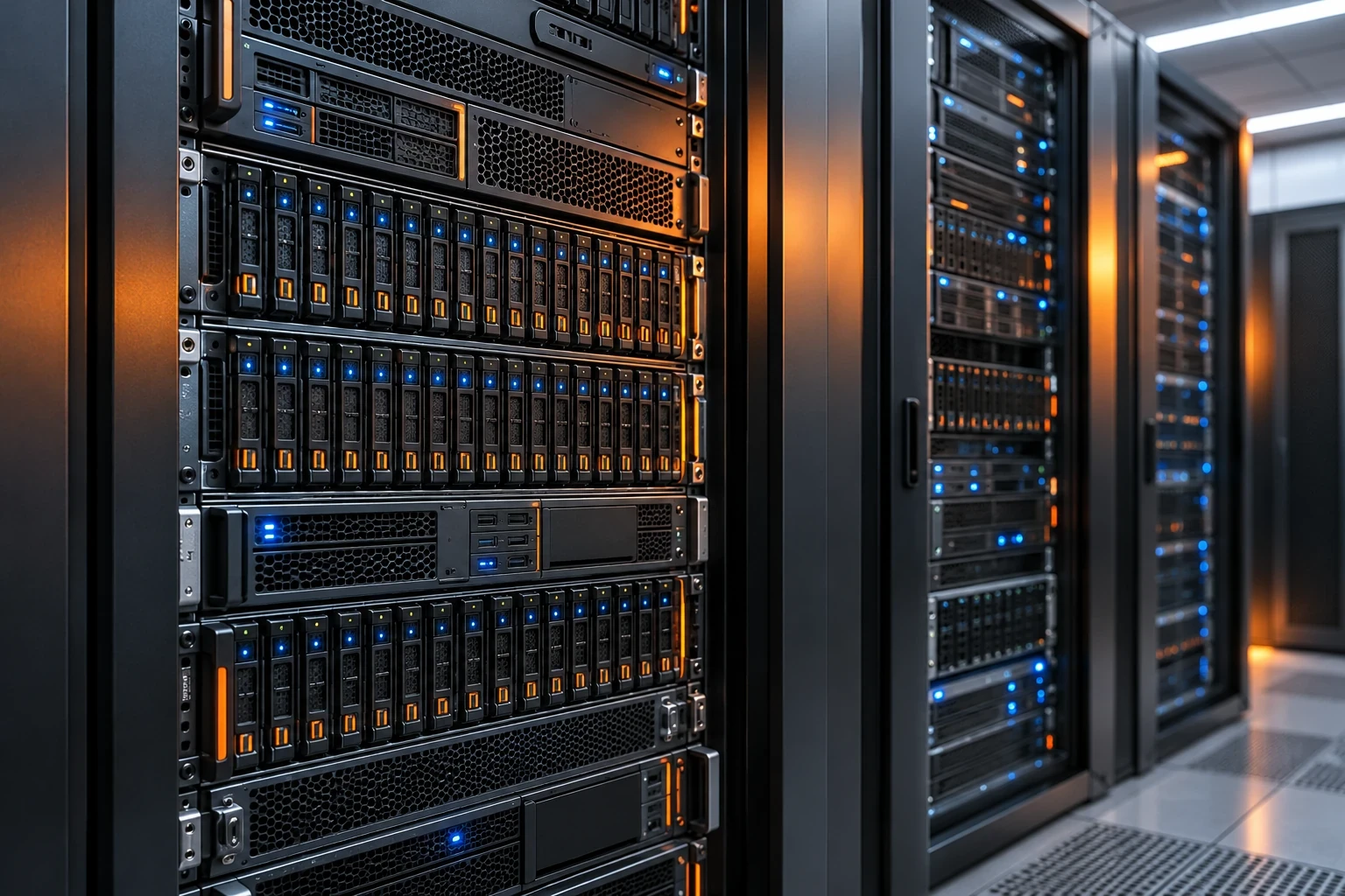 Illustration de serveurs et de baies de stockage dans un environnement informatique professionnel.