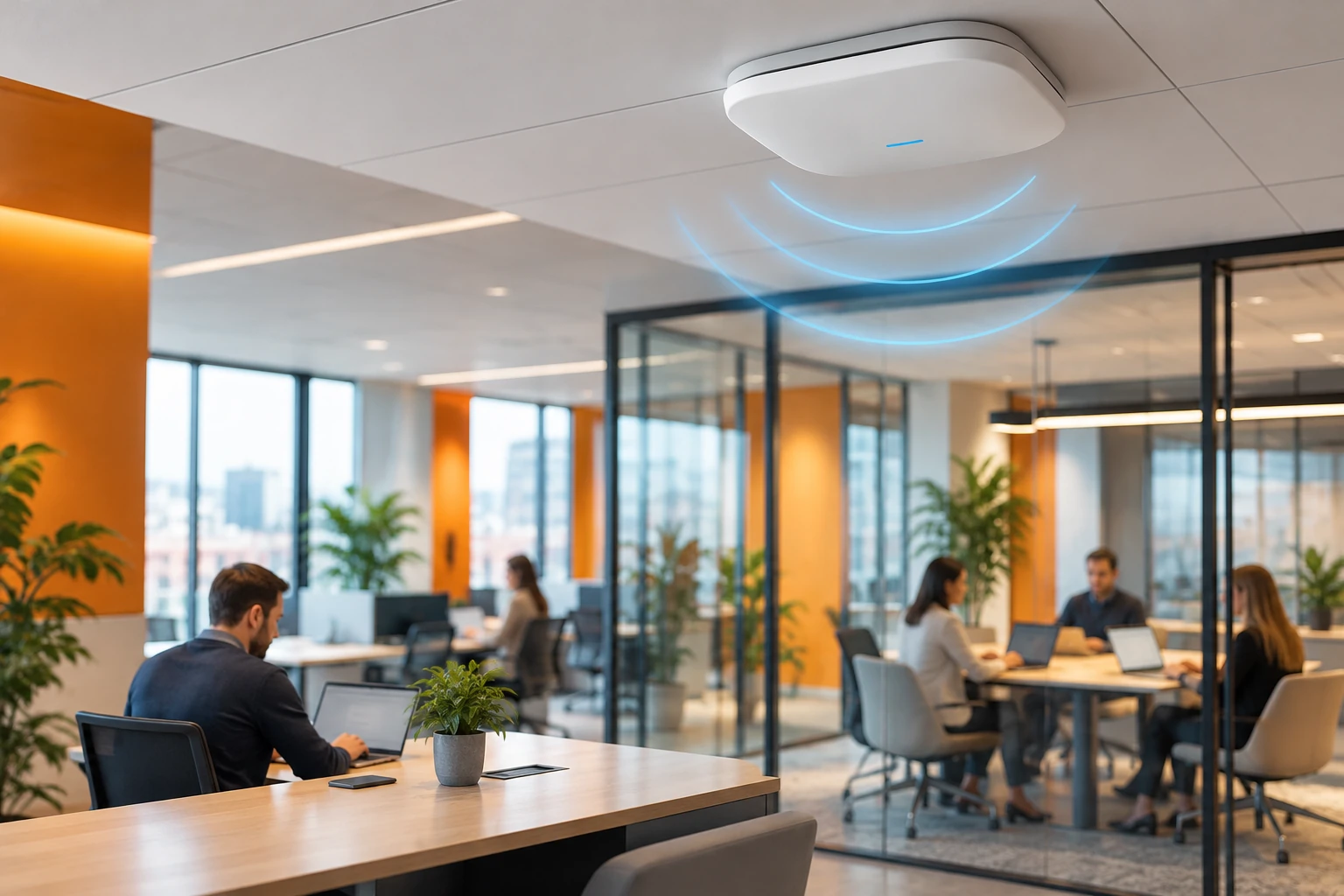 Illustration d’un réseau Wi-Fi professionnel dans des bureaux, avec un point d’accès au plafond.